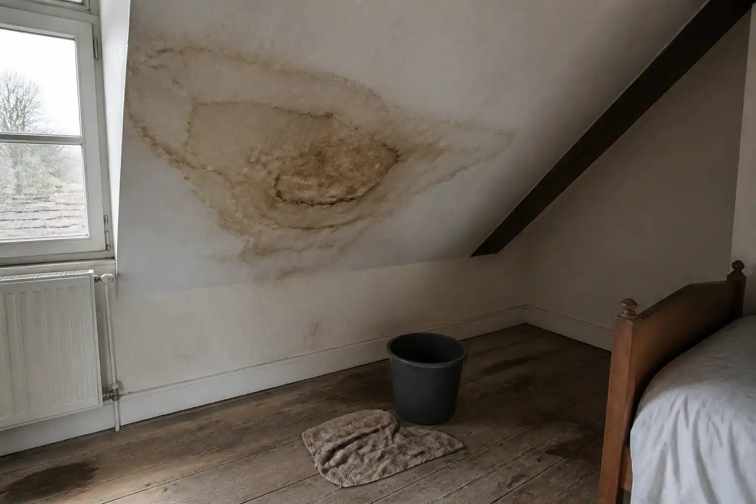 Plafond en pente d’une chambre sous les toits marqué d’une grande auréole brune, un seau et une serpillière sur le parquet en dessous