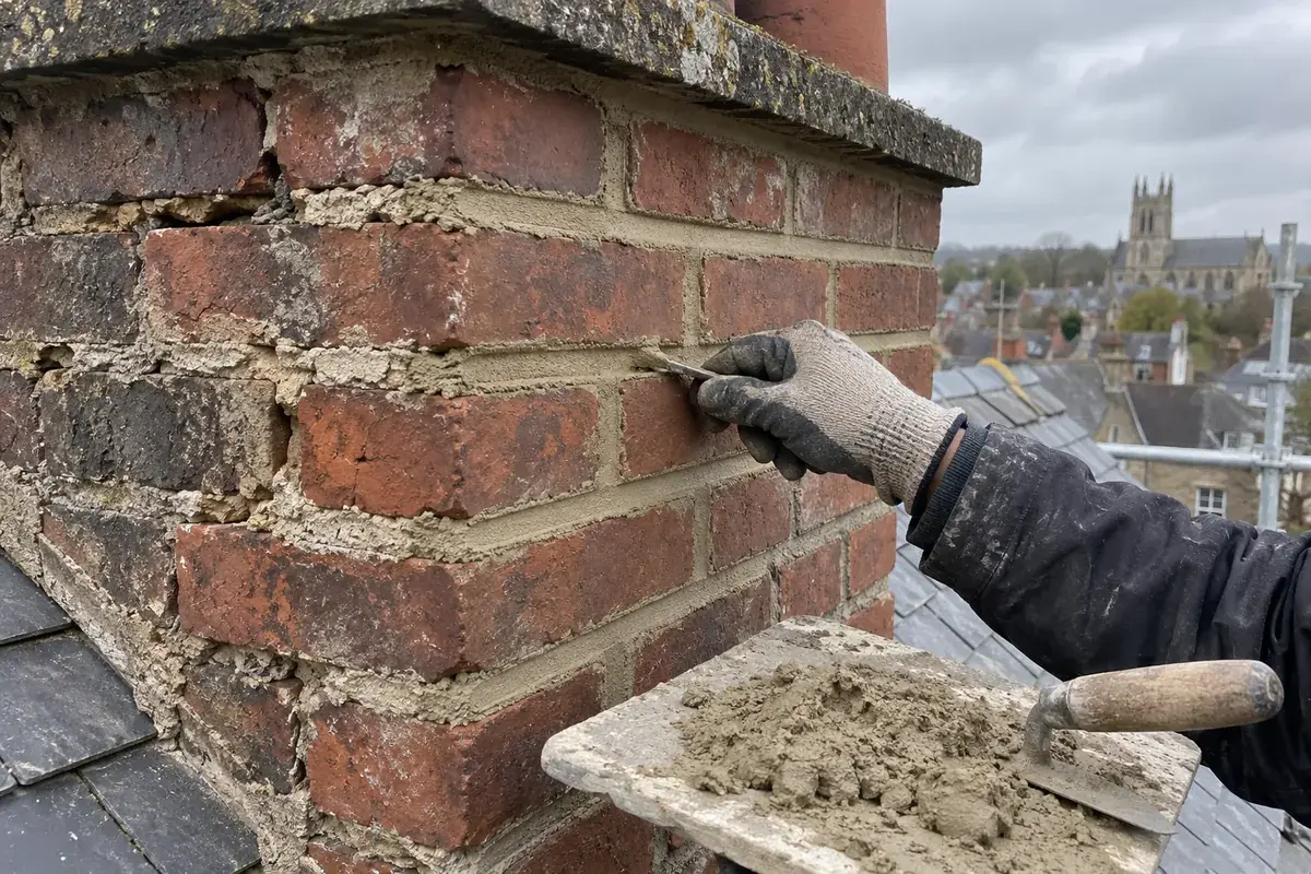 Main gantée reprenant au fer à joint les joints d’une souche de cheminée en briques sur un toit d’ardoise, taloche de mortier au premier plan, ciel couvert