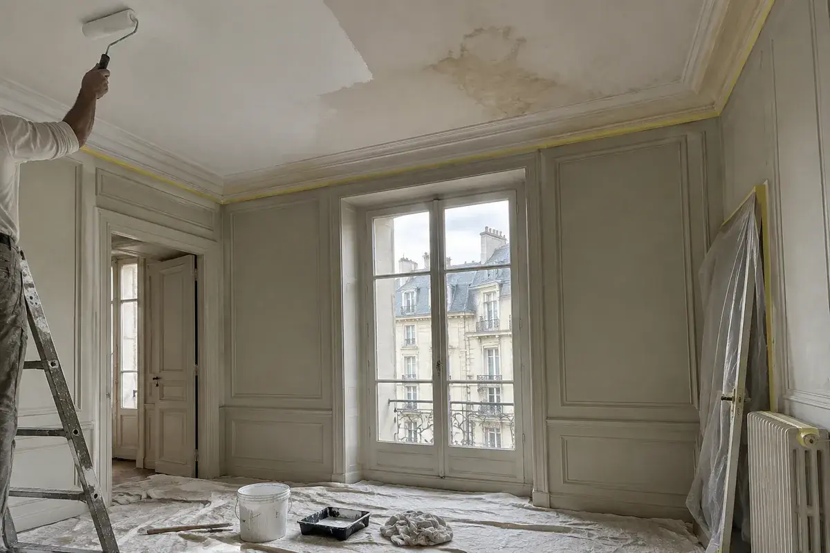 Peintre sur un escabeau passant le rouleau sur un plafond blanc, une ancienne tache d’eau encore visible sur la partie non repeinte, sol protégé par des bâches