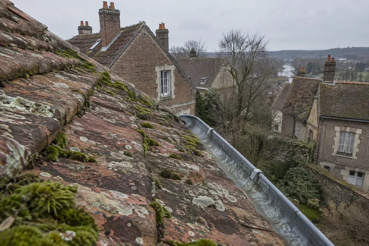 Versant de tuiles couvert de mousse le long d’une gouttière en zinc, maisons en brique et vallée boisée au fond, par ciel couvert